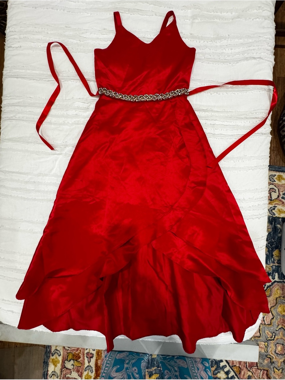 Rare Editions Red Satin Beaded Waist Formal Dress